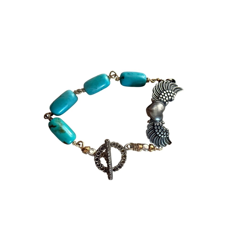 Turquoise Beaded Winged Heart Toggle Bracelet Silver Tone‎ Southwestern Boho